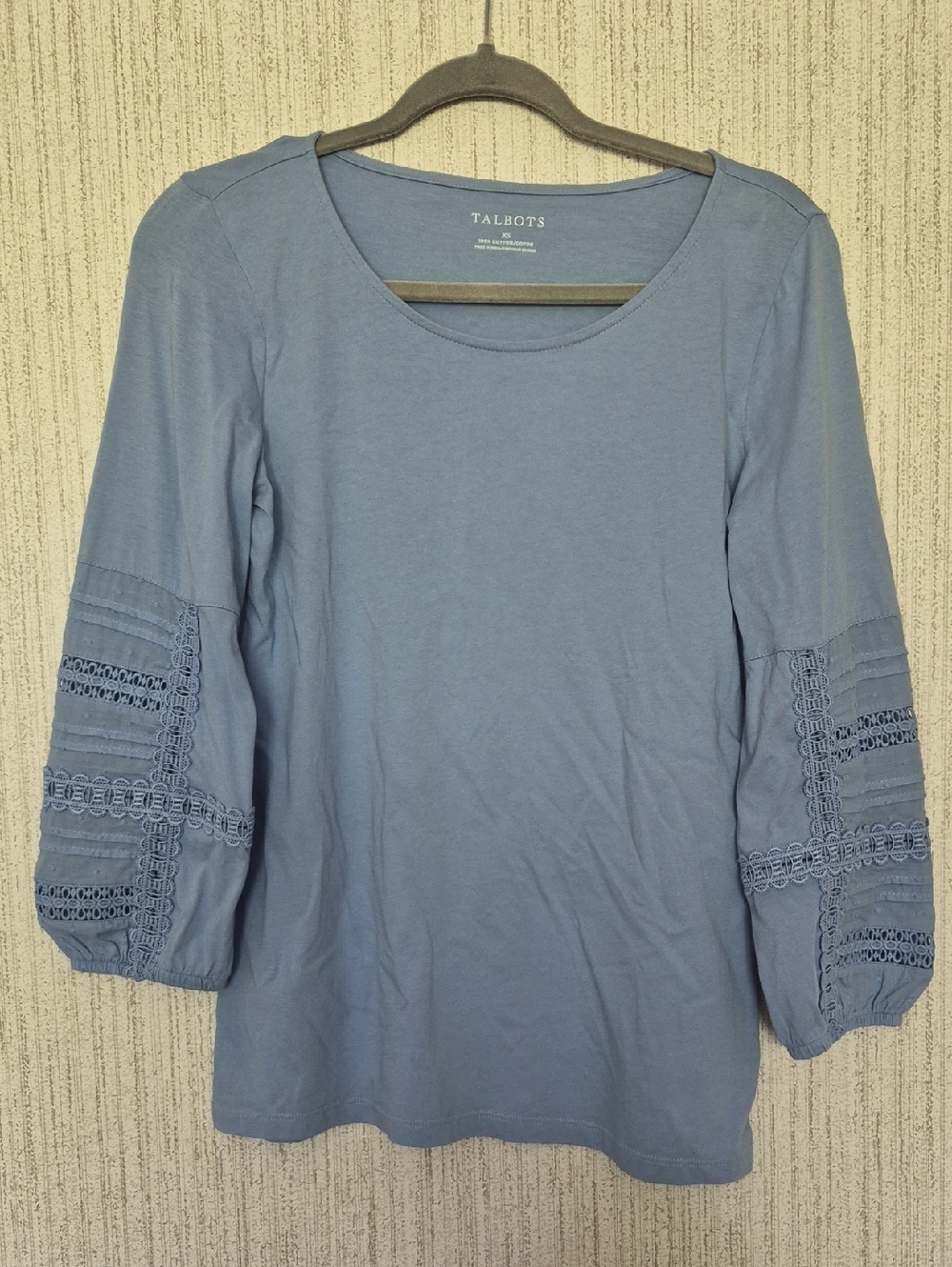 Talbpts Size XS Light Blue Blouse Crochet Accents On Sleeves